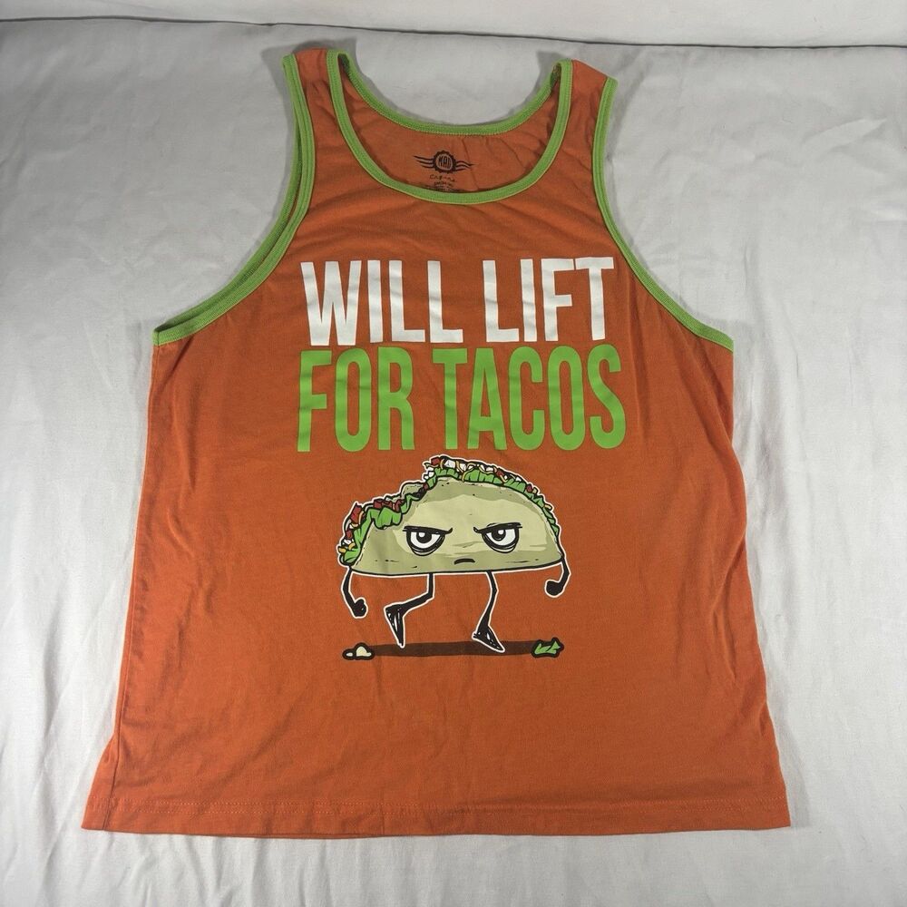 Mad Engine Will Lift For Tacos Tank Top Men's Large Orange Fitness Gym Work Out